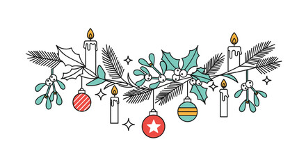 Festive Christmas garland illustration with pine branches, holly, mistletoe, burning candles, and colorful ornaments.