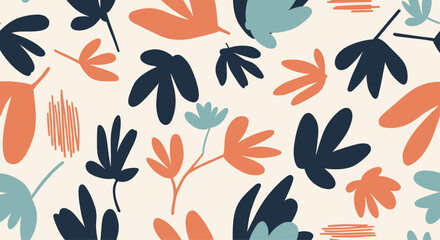 Modern seamless pattern with abstract, hand-drawn botanical shapes and leaves in a trendy, earthy color palette design. © Hubert