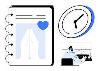 Notebook with prayer-themed cover, analog clock, and engineer at control console. Ideal for faith, time management, productivity, spirituality, work-life balance control mindfulness. Simple flat