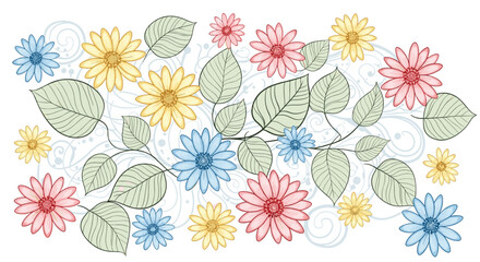 Beautiful hand-drawn floral background with colorful daisy-like flowers, green leaves, and elegant swirls on a white background.