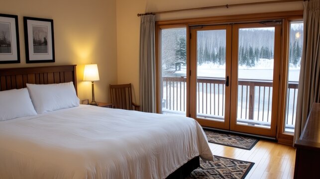 Luxurious master bedroom features a large bed, wood floors, and French doors opening to a serene lake view balcony