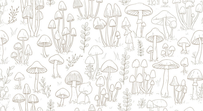 Seamless pattern of various types of wild mushrooms and grasses in a delicate, hand-drawn brown line art style.