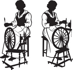 Silhouette illustration of women spinning yarn on a spinning wheel