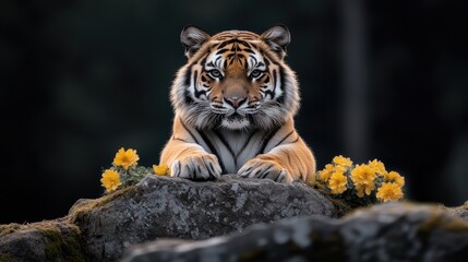 Obraz premium An elegant tiger sits gracefully on rocky terrain in its zoo habitat, showcasing its striking black and white stripes while gazing intently