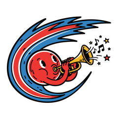 Cartoon Comet Playing Trumpet with Musical Notes.
