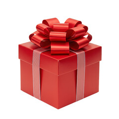 A vibrant red square gift box with a luxurious red satin bow and elegant silver ribbon, isolated on a transparent background with copy space, soft studio light. Festive celebration concept