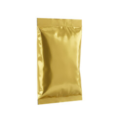 A single, blank, generic, shiny golden-yellow foil food packaging pouch with crinkled edges, sealed, isolated on a transparent background with copy space, product mockup concept.