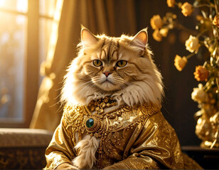 Ritratto di un ricco Gatto  Persiano con ori e gioielli
