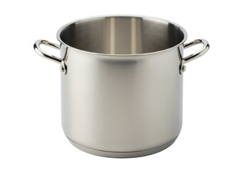 High-quality, empty, pristine, reflective stainless steel cooking pot with loop handles, perfectly centered on a transparent studio background with soft lighting, ample copy space. Concept of modern