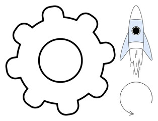 Gear alongside launching rocket and circular arrow, representing innovation, progress, teamwork, automation, growth, technology development and cycle. Ideal for systems and efficiency themes. Simple