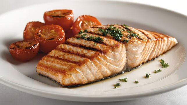 Close-up of seared salmon fillet glazed with olive oil and honey, garnished with fresh coriander and cherry tomatoes on a white plate
