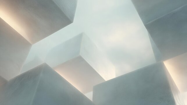 Abstract digital art piece that appears to be made up of multiple white cubes arranged in a geometric pattern. the cubes are of different sizes and shapes, creating a sense of depth and dimension.