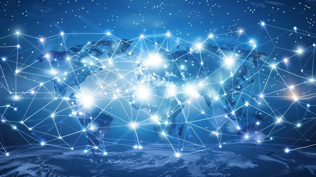 World map with blockchain lines illustrating global impact on intellectual property protection