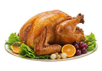 A whole roasted golden-brown turkey, juicy, garnished with lettuce, rosemary, grapes, orange, and pearl onions on a white gold-rimmed platter, isolated on a white background. Concept of a festive