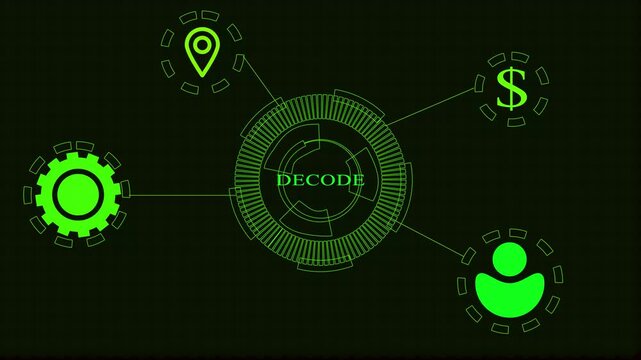 Digital Network Diagram with " DECOD" Text and Green Icons for Location, Gear, User, and Dollar Sign