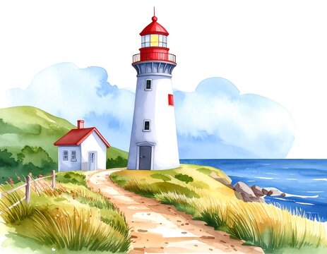 A coastal scene showcases a tall lighthouse with a red-capped tower, a small dwelling, and a path. The path meanders alongside the sea, against a backdrop of sky and land
