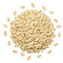 Neatly arranged dry, raw rolled oats, light beige to pale brown, textured, scattered on a seamless transparent background, top-down flat lay, high-key studio light, wholesome food concept.