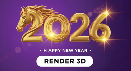 A stunning 3D render showcases a golden horse head seamlessly integrated into the year 2026, set against a vibrant purple backdrop, perfect for new year celebrations.