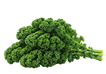 A fresh, vibrant bunch of deep green curly kale leaves with intricate crinkled texture, isolated on a transparent background with soft shadow, showcasing fresh organic produce concept