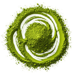 Finely milled emerald green matcha tea powder scattered in soft swirls on a transparent background with macro detail, conveying freshness and purity. Concept of healthy natural ingredient