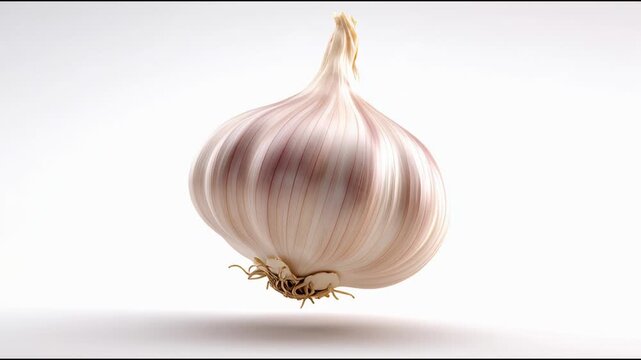A single bulb of fresh garlic with purple streaks on a white background.