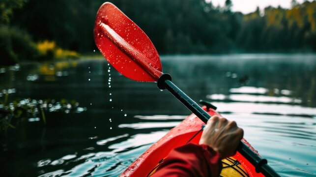 A close-up of a hand holding a red kayak paddle above calm water. The scene features lush green trees in the background, reflecting on the water's surface.