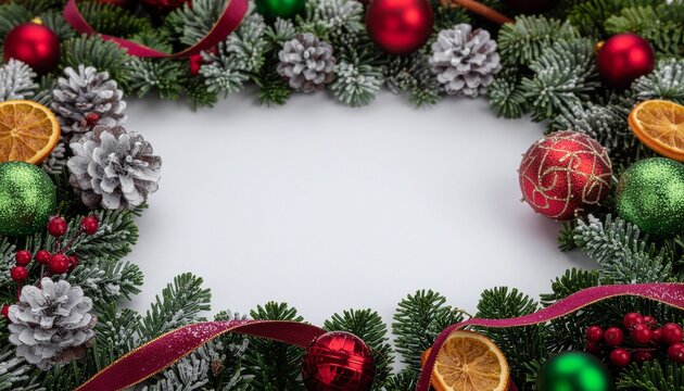 Composición de marco o borde festivo sobre un fondo central de color blanco liso, lo que crea un espacio limpio ideal para añadir texto o una foto.