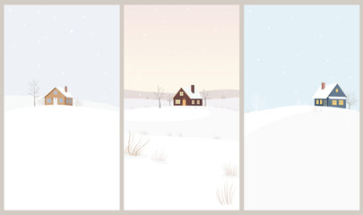 Peaceful winter landscape with cozy cottages and falling snow. Warm lights, soft colors and serene mood. Minimal vertical illustration for mobile design.