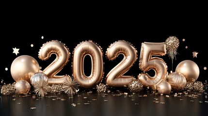 Numbers 2025 in rose gold are surrounded by colorful balloons and confetti on a stylish black background, marking the new year's arrival