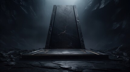 Black background podium stone dark rock product studio platform display luxury. Stand black background podium stage floor scene mockup elegant friday pedestal presentation cosmetic space texture empty