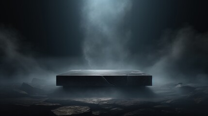 Black background podium stone dark rock product studio platform display luxury. Stand black background podium stage floor scene mockup elegant friday pedestal presentation cosmetic space texture empty