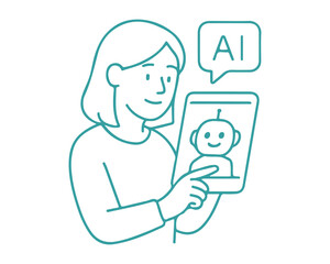 Modern line art illustration of a smiling woman interacting with AI chatbot on tablet, envisioning the future of technology and digital communication