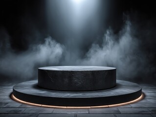 Black background podium stone dark rock product studio platform display luxury. Stand black background podium stage floor scene mockup elegant friday pedestal presentation cosmetic space texture empty