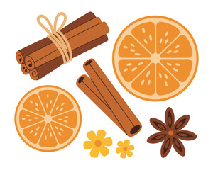 A collection of cinnamon sticks, orange slices, star anise, and small flowers are arranged on a white background.