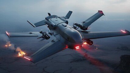 Futuristic Military Aircraft Flying Over a War-Torn Landscape with Fires and Smoke, Advanced Technology, Aerial Combat, and Defense Capabilities. - Powered by Adobe