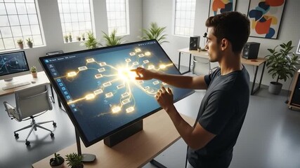 Young adult man interact touch screen display digital concept technology office environment innovative solution modern interface user experience network diagram data visualization - Powered by Adobe
