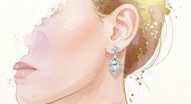 Woman's ear with diamond earrings, side profile, artistic illustration.