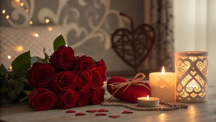 Romantic Setting with Red Roses and Candles