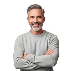 Fototapeta premium Smiling mature man with gray hair and beard wearing a light gray sweatshirt arms crossed isolated on transparent background
