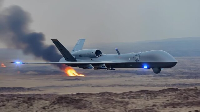 Military MQ-4C Triton Drone Flying Over Desert Landscape with Fire and Smoke, Unmanned Aerial Vehicle in Action, Modern Warfare Technology