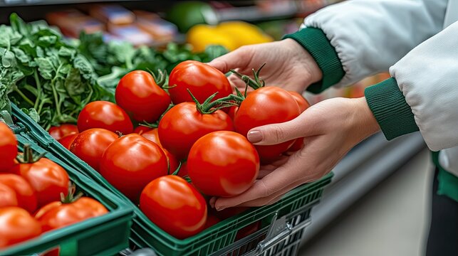 Hands grasp vibrant tomatoes in a grocery store as a woman prepares food items for her shopping cart against a blurred background - Powered by Adobe