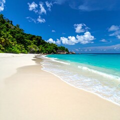Obraz premium Scenic tropical coastline with turquoise water, white sand, and lush greenery
