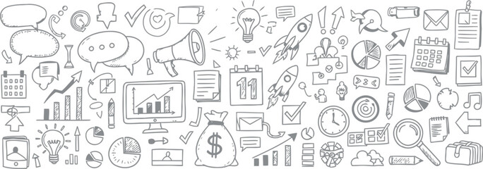 Vector Illustration of Business and Startup Icons, Hand-Drawn Doodle Style, White Background for Copy Space