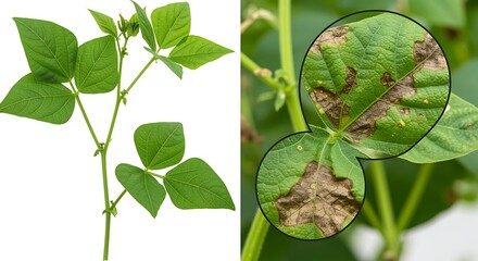 Bean plant with healthy and diseased leaves disease leaf spot br