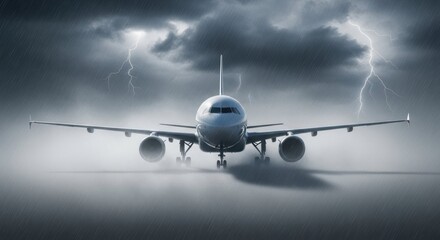 Commercial airplane facing viewer on stormy runway, dramatic aviation resilience concept