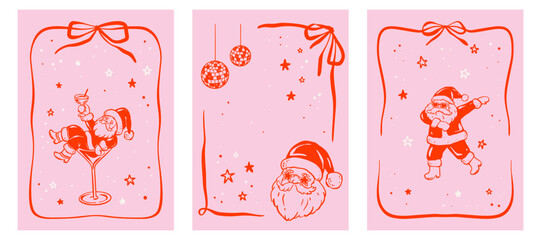 Whimsical quirky funny Merry Christmas and Happy New Year posters with dancing Santa Claus in star and heart glasses. Christmas nightclub disco party invitations in coquette, girly, bachelorette style