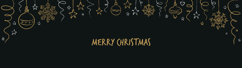 Merry Christmas and Happy New Year crayon, chalk, charcoal scribbles on the blackboard. Gold and silver Christmas tree baubles, snowflakes, stars background. Doodle sketch confetti serpentine, glitter