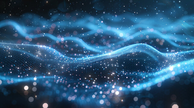 Glow lines over particle sea — cool blue digital waves background with elegant bokeh