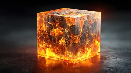 Glowing molten material glows intensely within a transparent geometric form resting on a dark surface