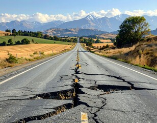 A cracked asphalt road, bisecting golden fields and leading towards distant, snow-capped mountains under a clear blue sky